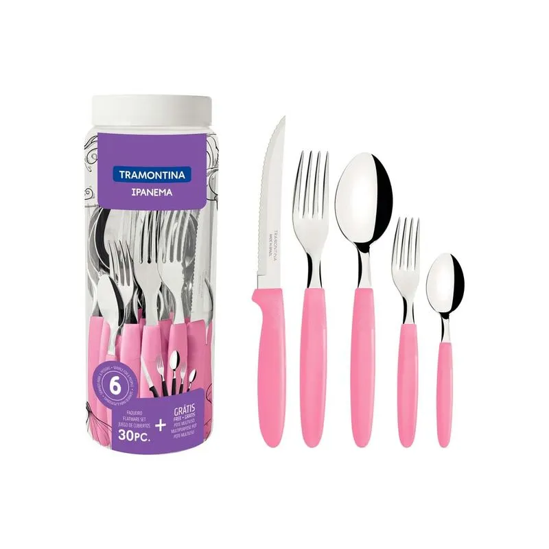 Juego De Cubiertos Tramontina Ipanema Rosa Con Pote Plastico 30 Piezas