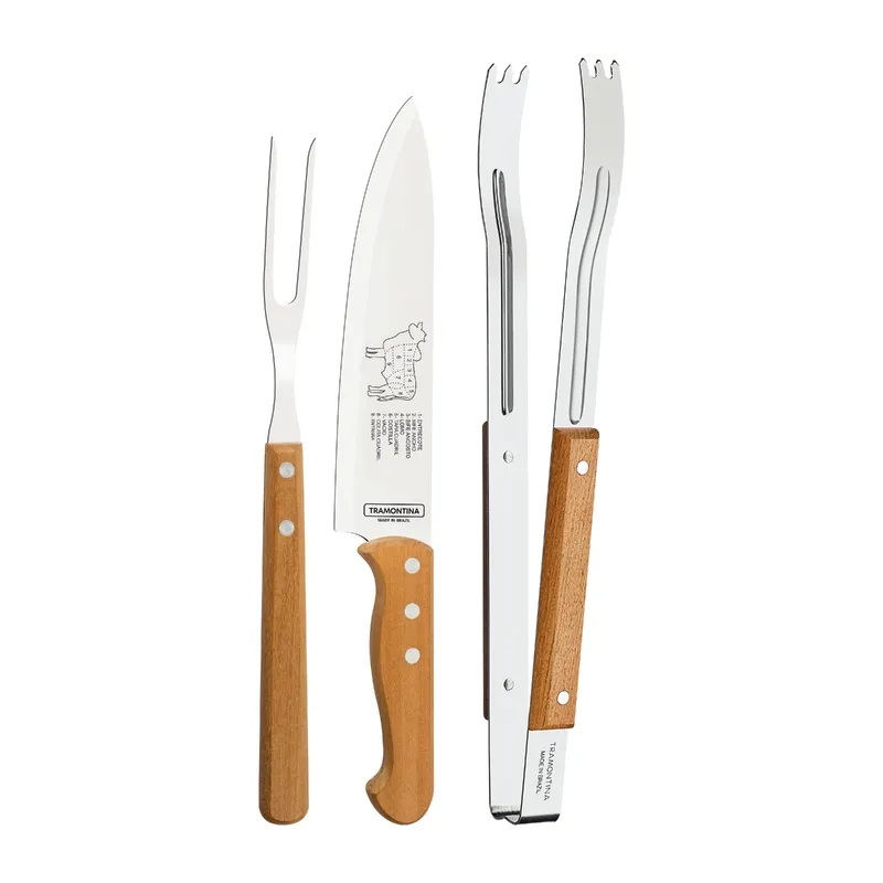 Juego Para Asado Tramontina Con Láminas De Acero Inoxidable Y Mangos De Madera Natural, 3 Piezas