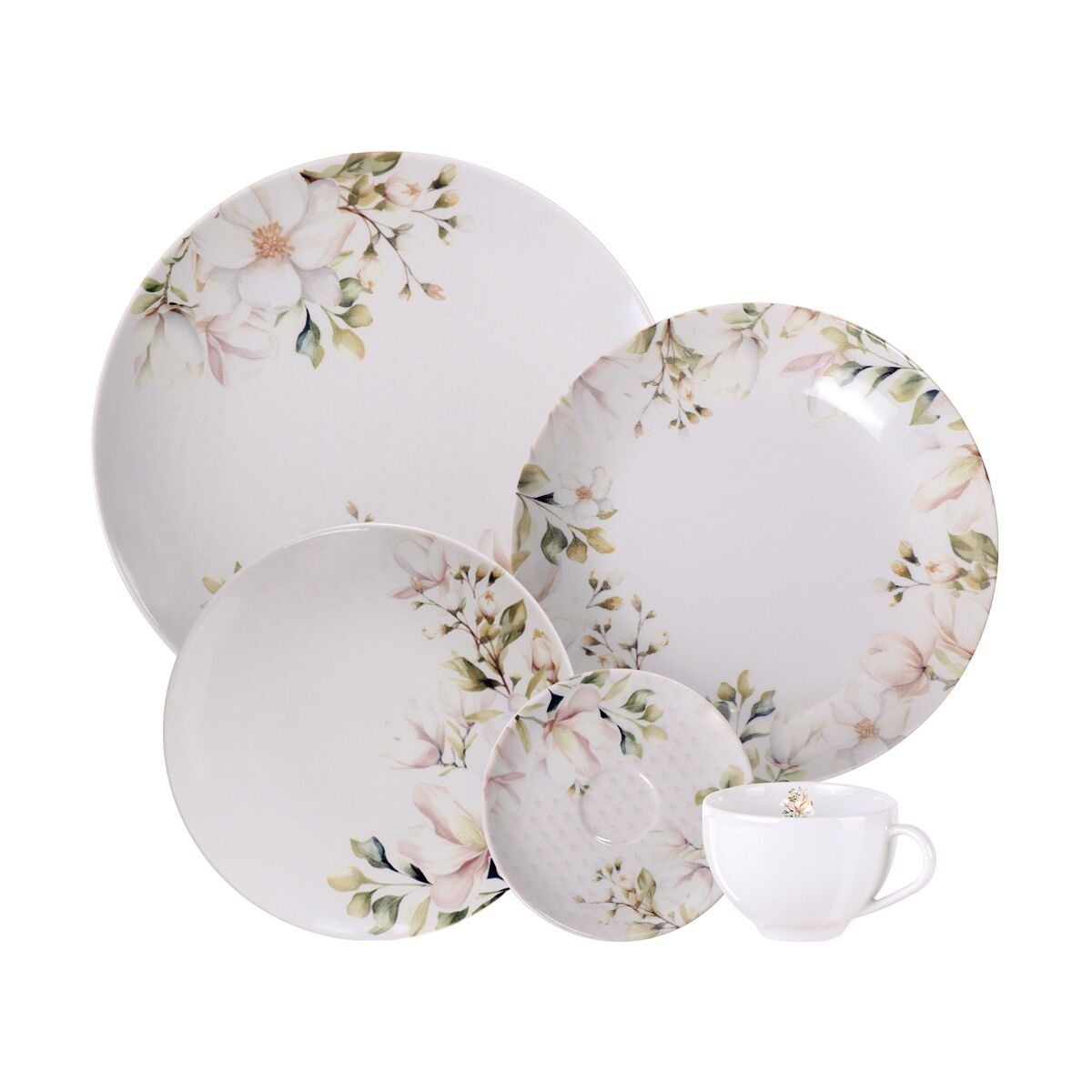 Juego Vajilla y Platos Porcelana modelo Magnolia de Tramontina decorado con 20 Piezas